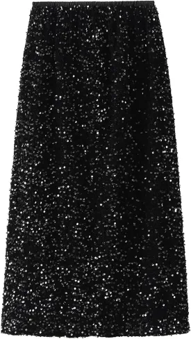 Women's Sequin Midi Skirt Elastic High Waist Slit Pencil Skirt Sexy Slim Cocktail Party Club Night Out Long Skirts