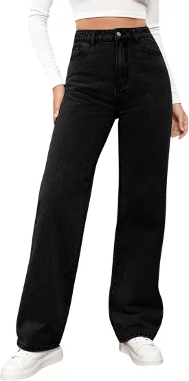 Womens Straight Leg Jeans High Waisted Trendy Welt Stretchy Baggy Loose Denim Pants with Pockets