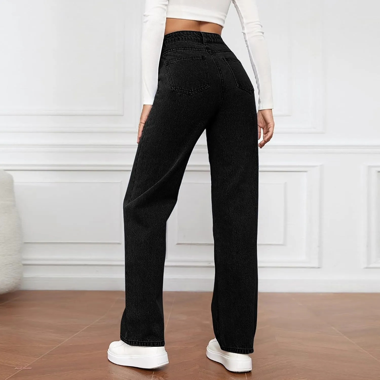 Womens Straight Leg Jeans High Waisted Trendy Welt Stretchy Baggy Loose Denim Pants with Pockets