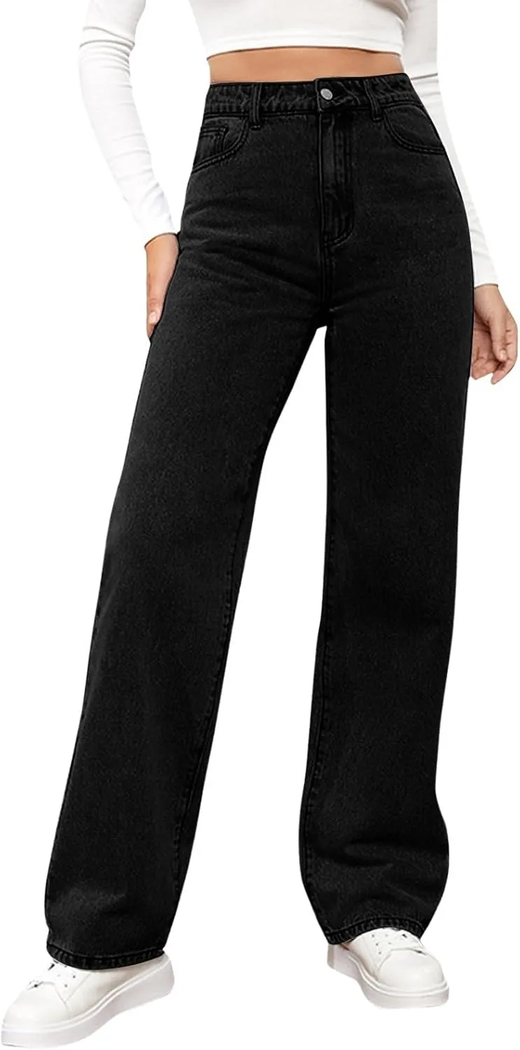 Womens Straight Leg Jeans High Waisted Trendy Welt Stretchy Baggy Loose Denim Pants with Pockets