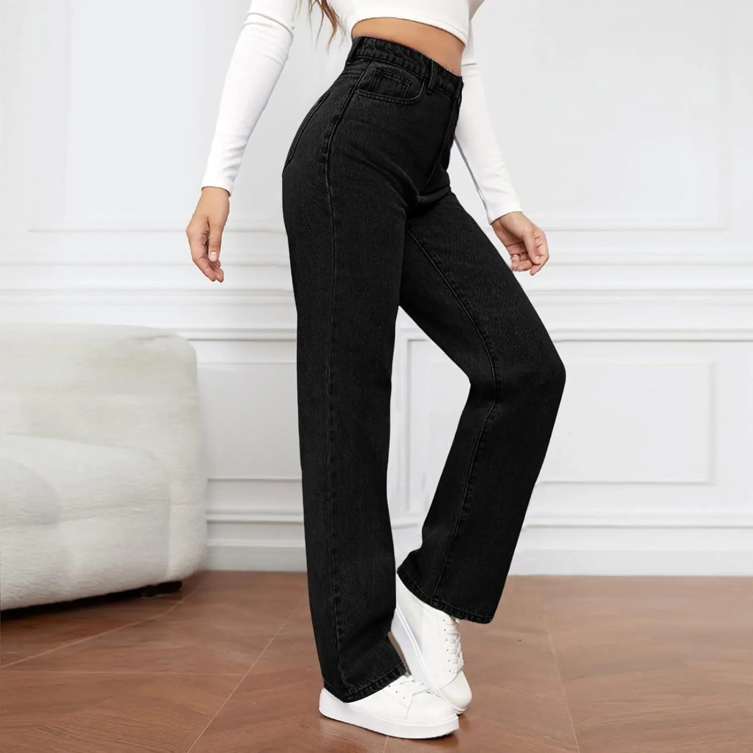Womens Straight Leg Jeans High Waisted Trendy Welt Stretchy Baggy Loose Denim Pants with Pockets