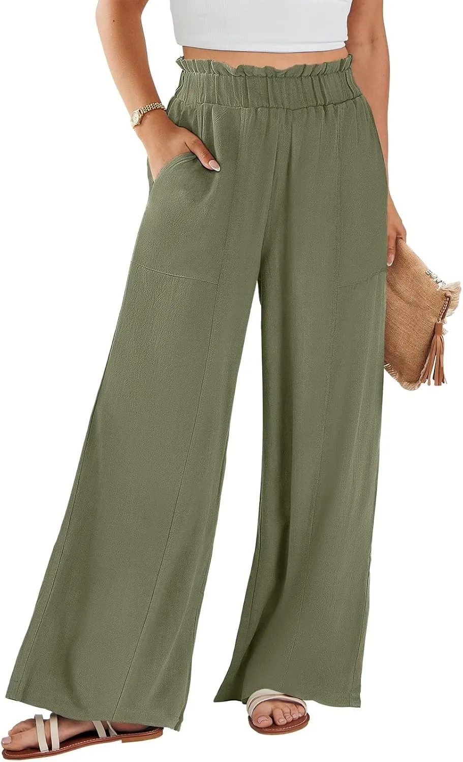 Women's Summer Fashion Casual Wide Leg Drawstring High Waist Pocket Long Dressy Loose Fit Pants