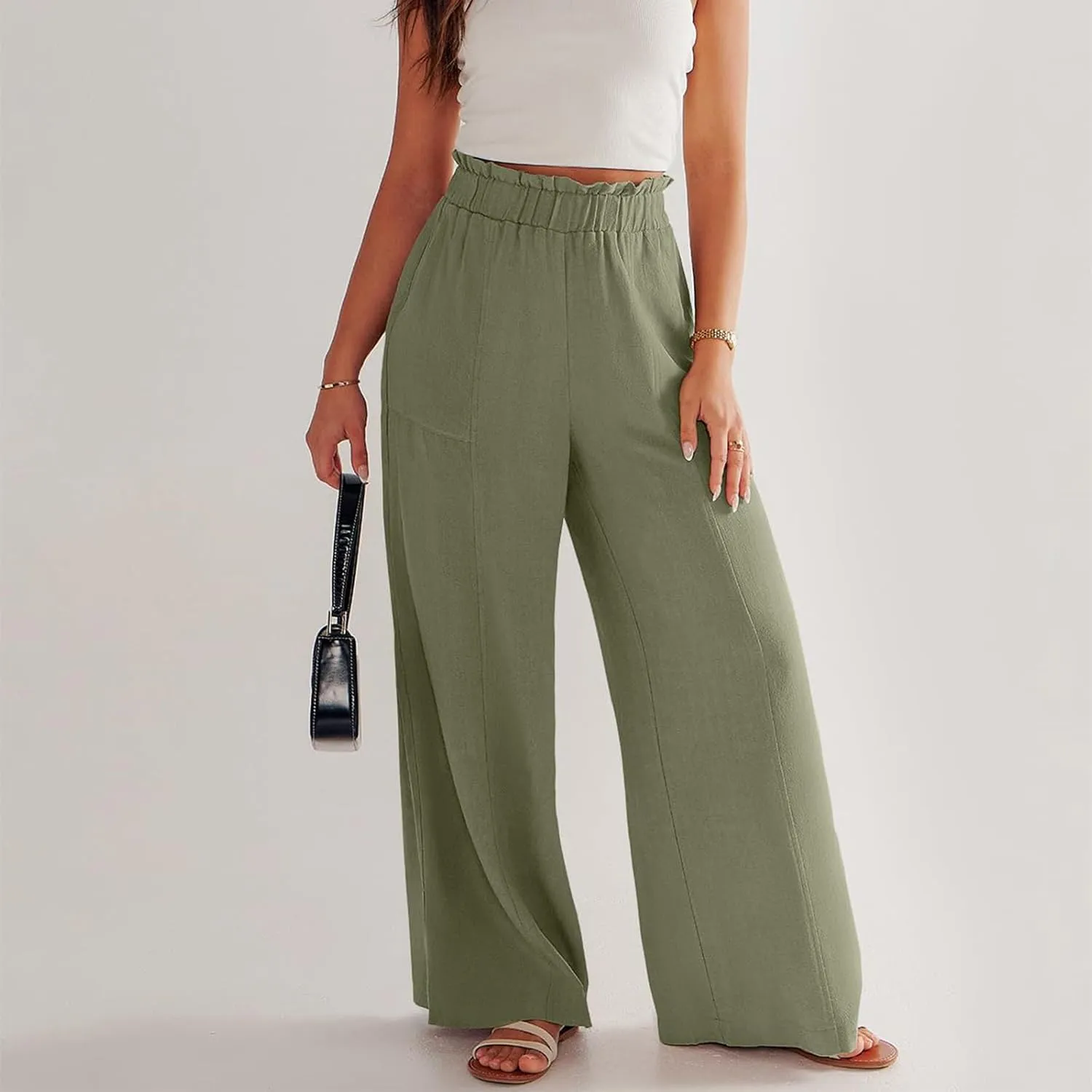 Women's Summer Fashion Casual Wide Leg Drawstring High Waist Pocket Long Dressy Loose Fit Pants