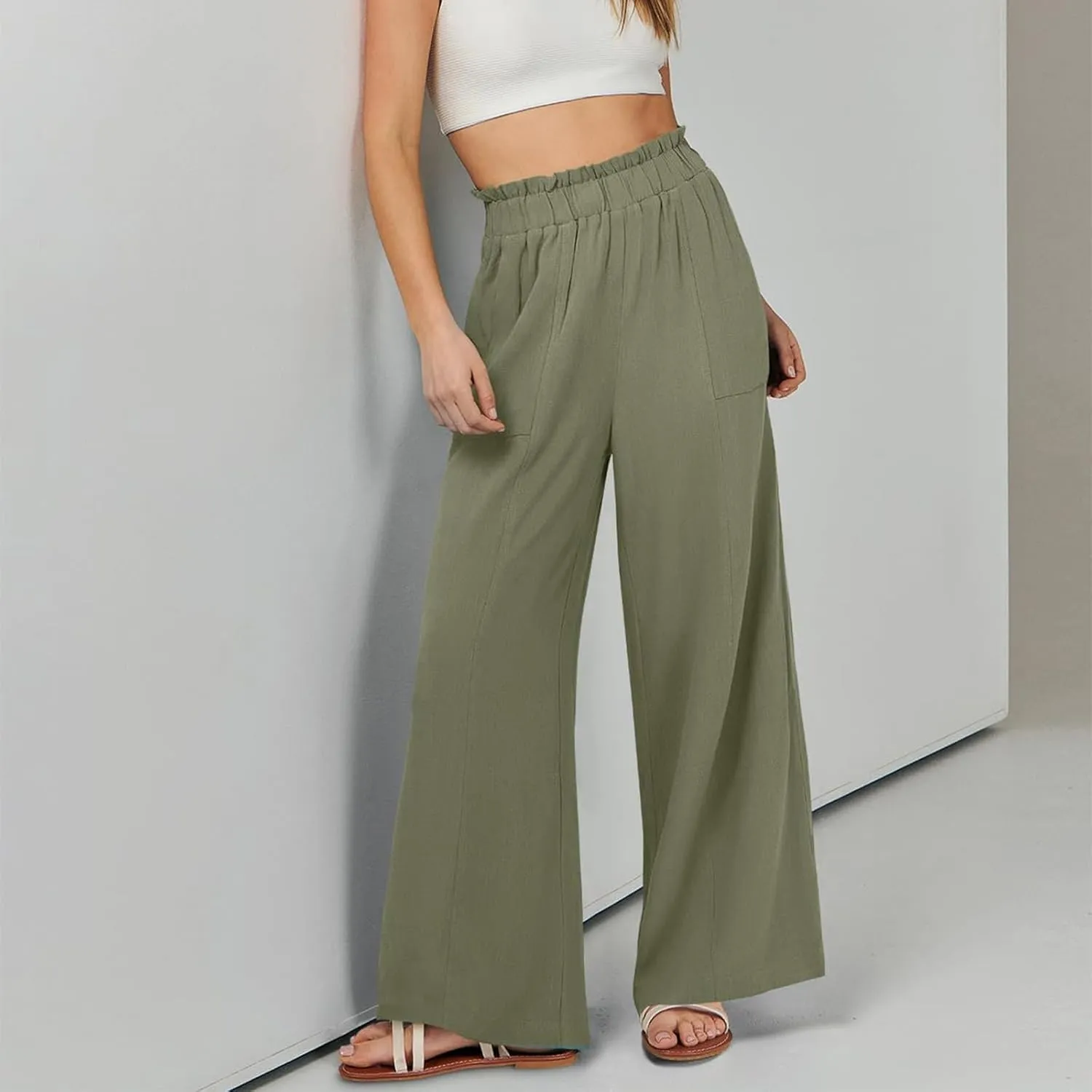 Women's Summer Fashion Casual Wide Leg Drawstring High Waist Pocket Long Dressy Loose Fit Pants
