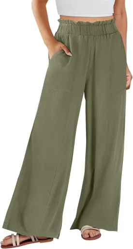 Women's Summer Fashion Casual Wide Leg Drawstring High Waist Pocket Long Dressy Loose Fit Pants