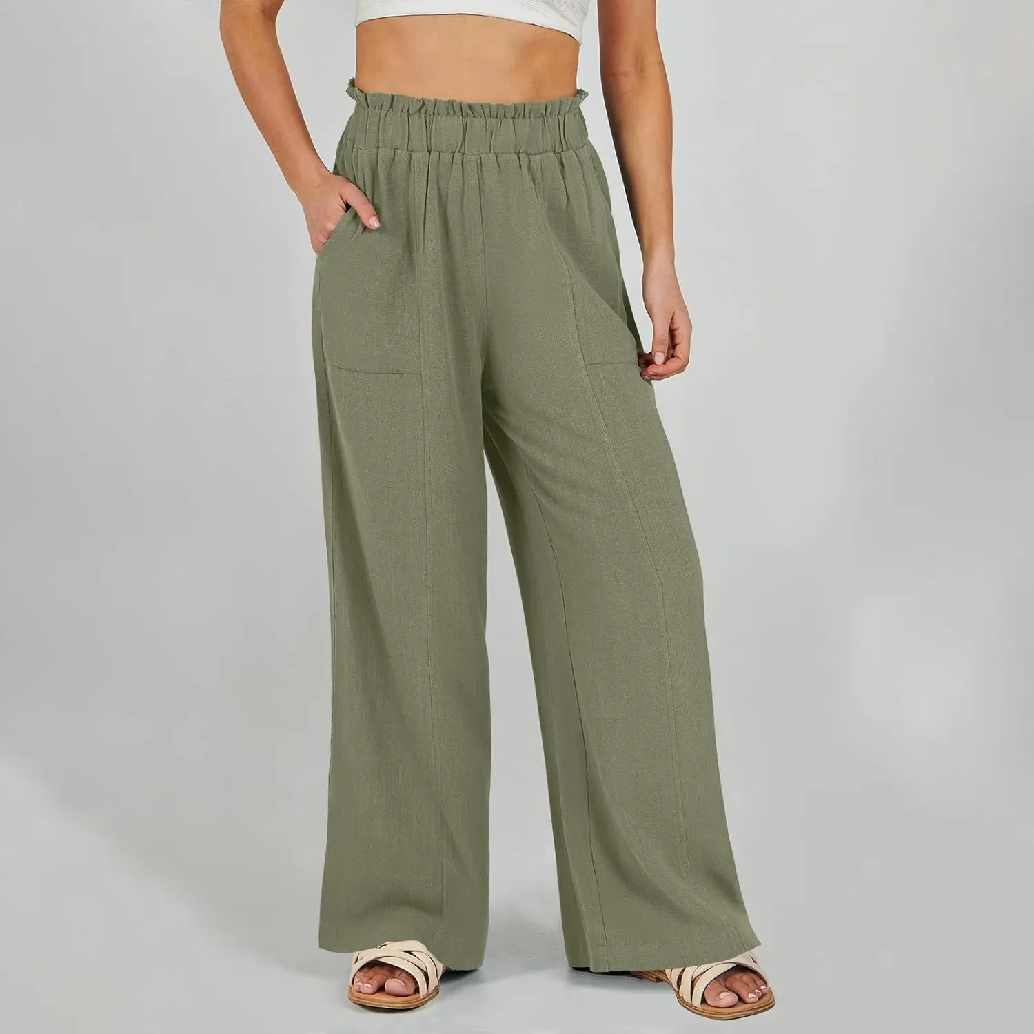 Women's Summer Fashion Casual Wide Leg Drawstring High Waist Pocket Long Dressy Loose Fit Pants