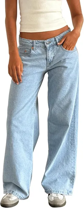 Y2k Low Rise Baggy Jeans Women Loose Fit Boyfriend Straight Wide Leg Jeans Trendy Stretch E-Girl Denim Pants
