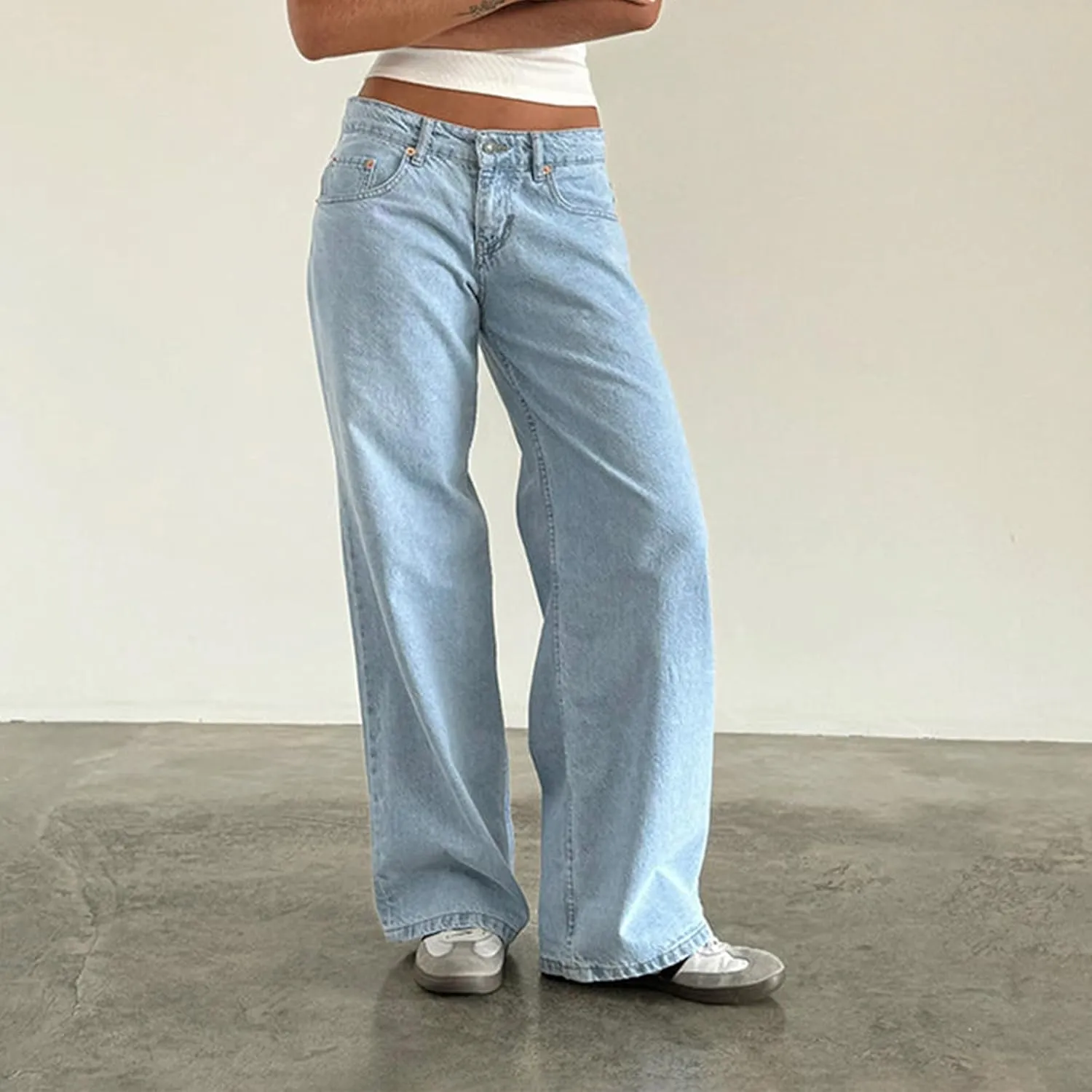 Y2k Low Rise Baggy Jeans Women Loose Fit Boyfriend Straight Wide Leg Jeans Trendy Stretch E-Girl Denim Pants