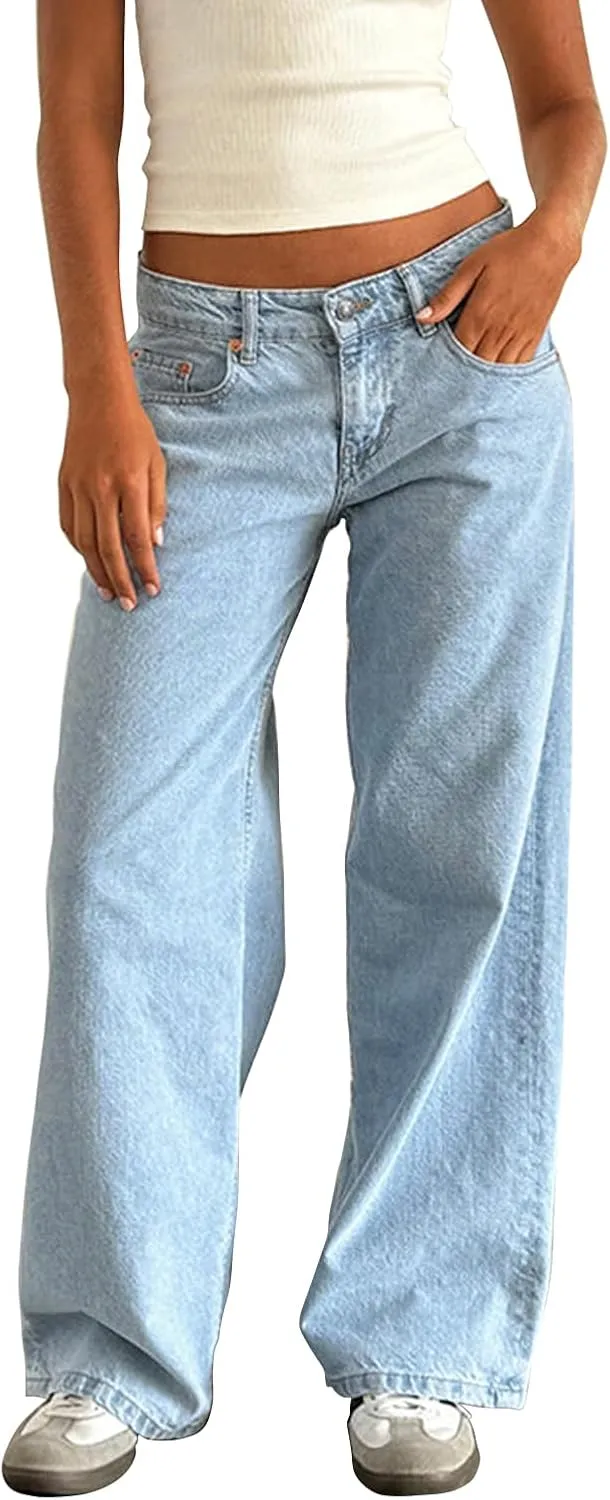 Y2k Low Rise Baggy Jeans Women Loose Fit Boyfriend Straight Wide Leg Jeans Trendy Stretch E-Girl Denim Pants