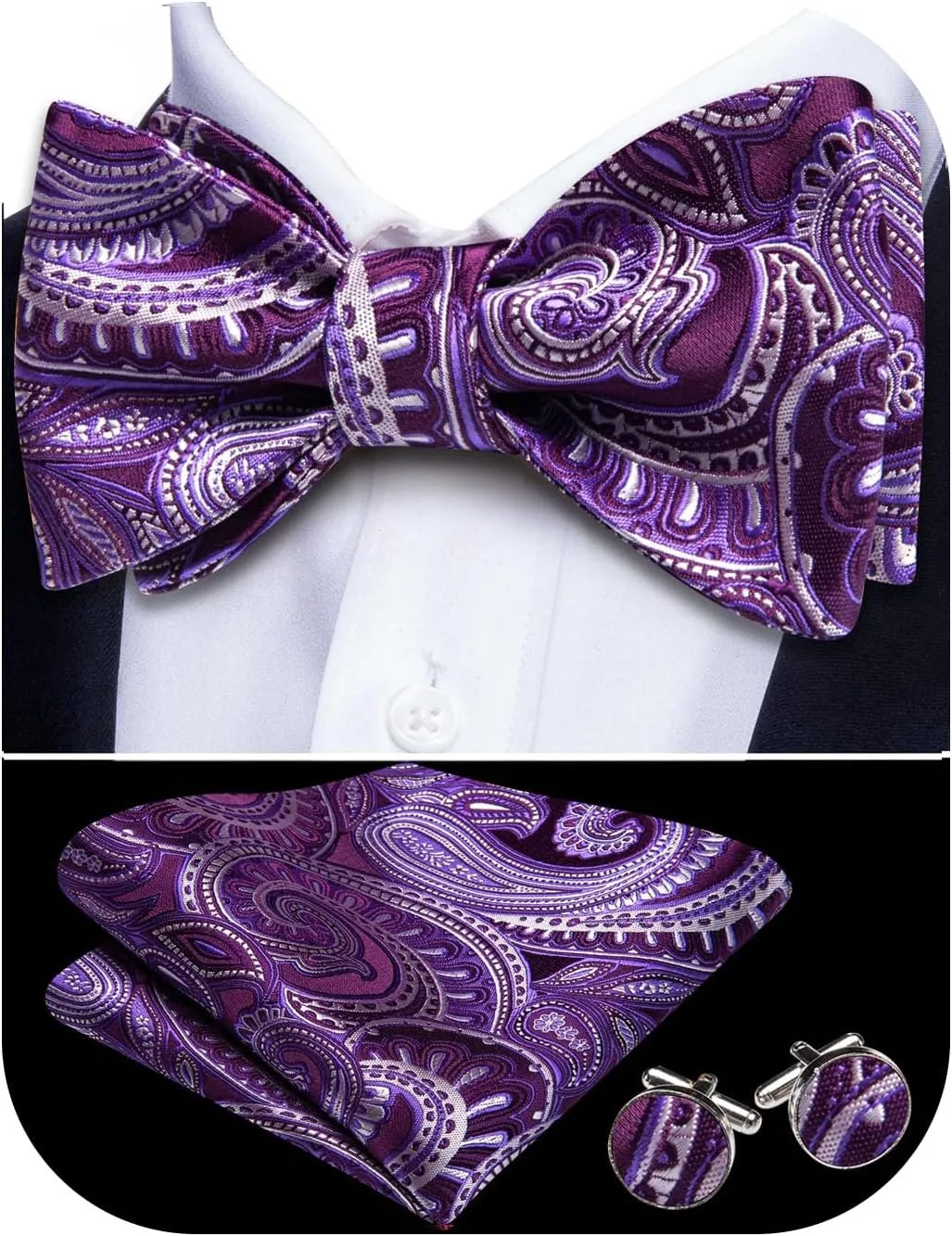 YOHOWA Bow Ties for Men Paisley Self Tie Bowtie Pocket Square Cufflinks Set Classic Woven Formal Wedding Tuxedo Party