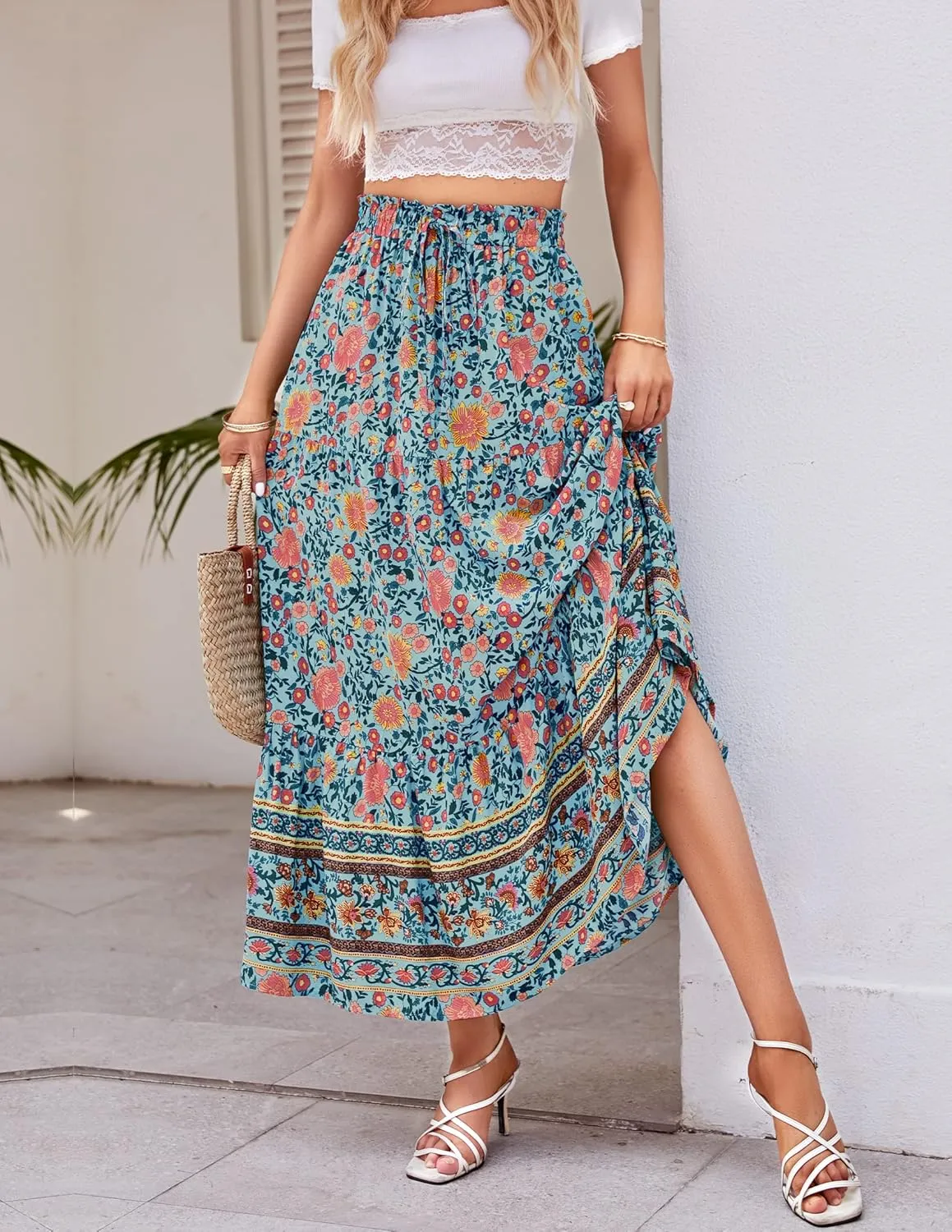 ZESICA Women's 2025 Summer Bohemian Floral Printed Elastic Waist A Line Maxi Skirt with Pockets
