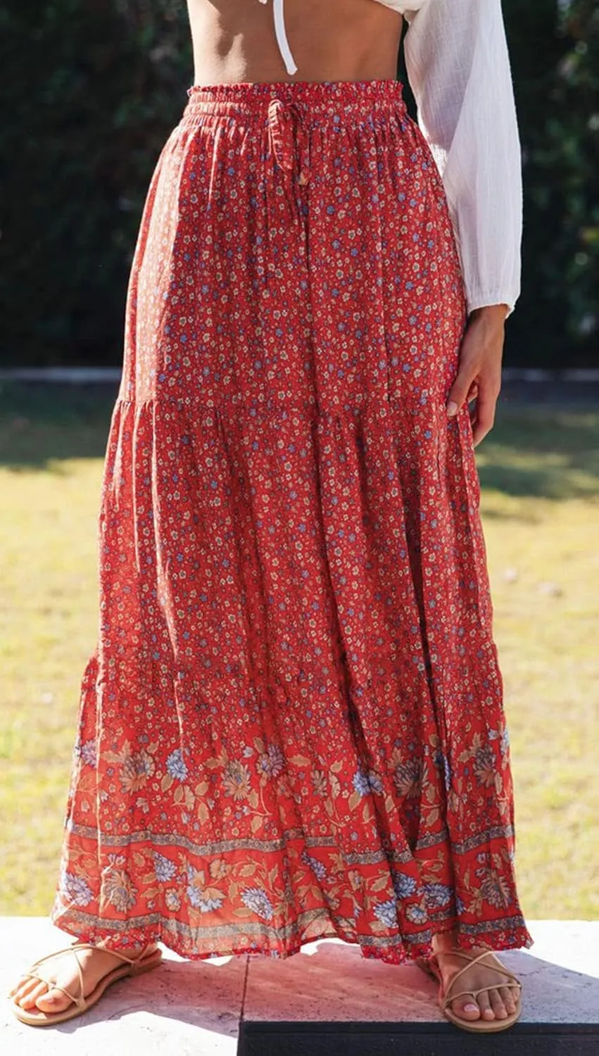 ZESICA Women's 2025 Summer Bohemian Floral Printed Elastic Waist A Line Maxi Skirt with Pockets