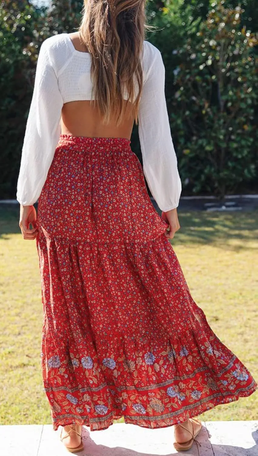 ZESICA Women's 2025 Summer Bohemian Floral Printed Elastic Waist A Line Maxi Skirt with Pockets