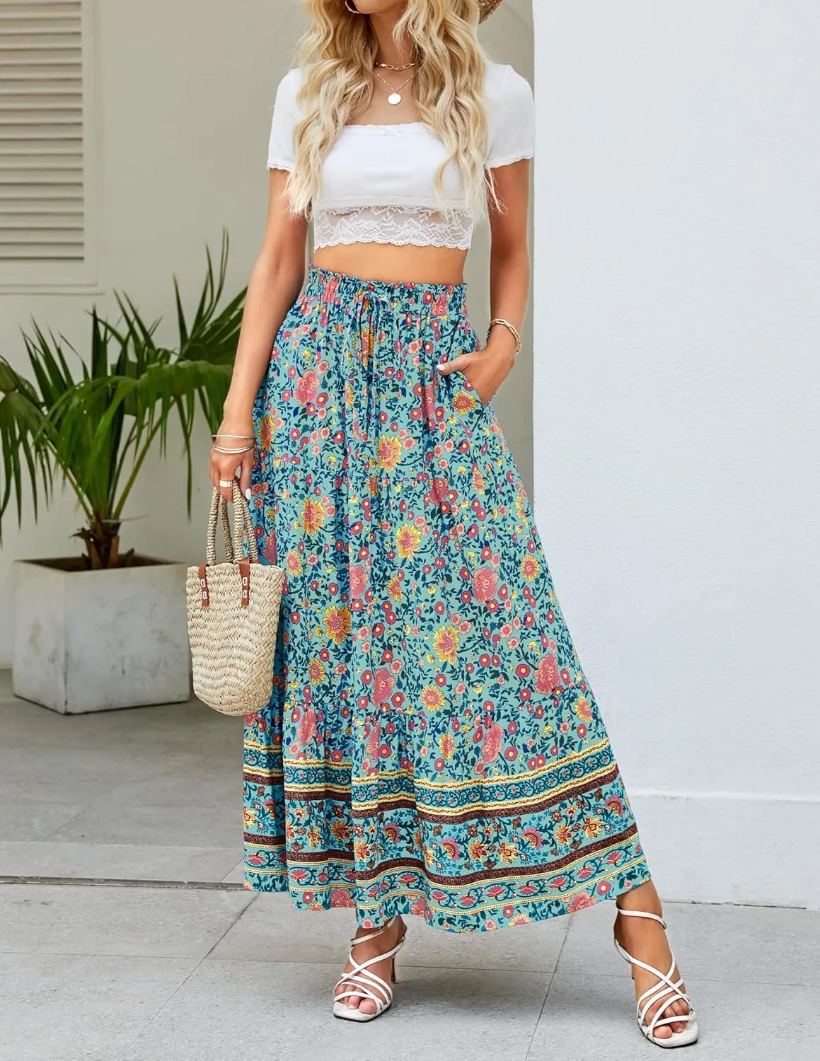 ZESICA Women's 2025 Summer Bohemian Floral Printed Elastic Waist A Line Maxi Skirt with Pockets