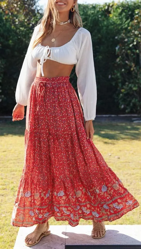ZESICA Women's 2025 Summer Bohemian Floral Printed Elastic Waist A Line Maxi Skirt with Pockets