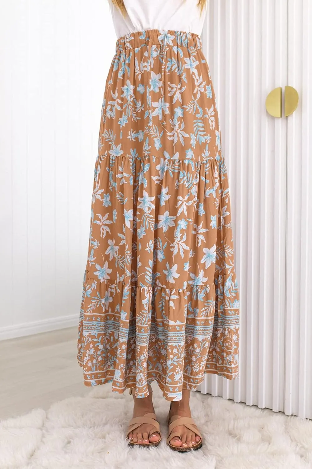 ZESICA Women's 2025 Summer Bohemian Floral Printed Elastic Waist A Line Maxi Skirt with Pockets