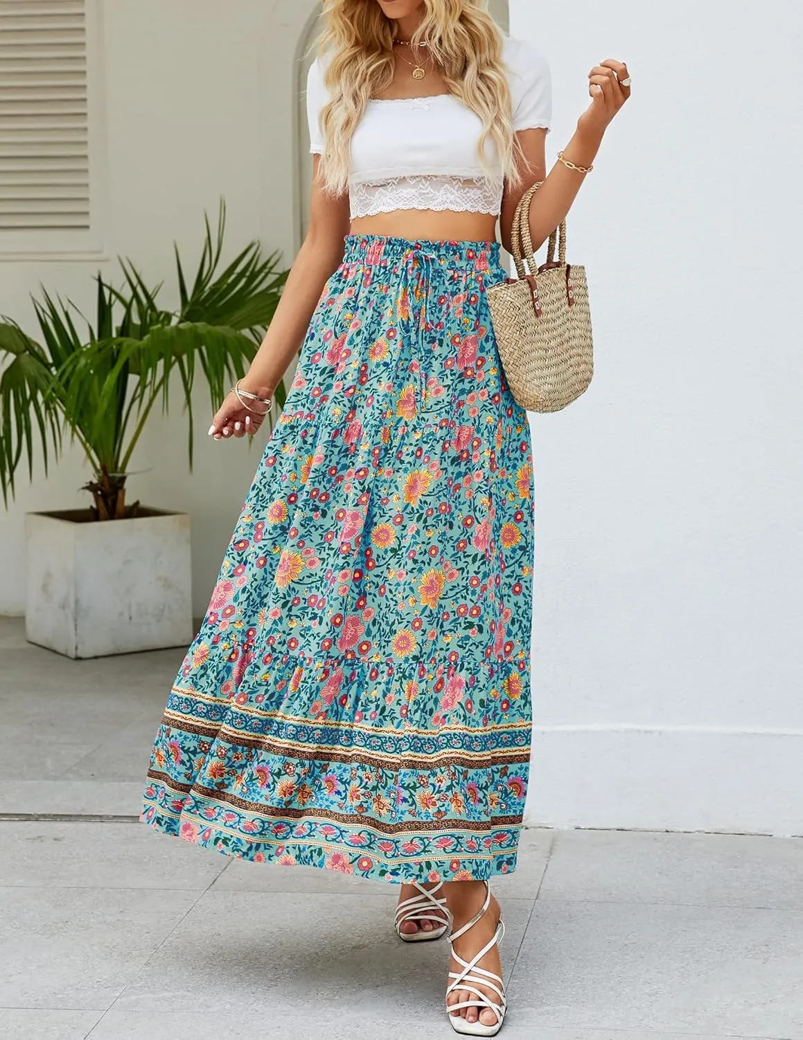 ZESICA Women's 2025 Summer Bohemian Floral Printed Elastic Waist A Line Maxi Skirt with Pockets