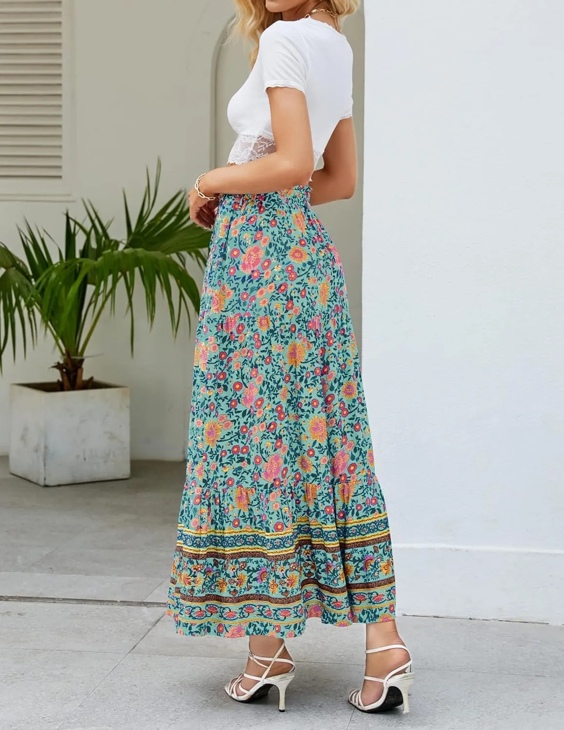 ZESICA Women's 2025 Summer Bohemian Floral Printed Elastic Waist A Line Maxi Skirt with Pockets
