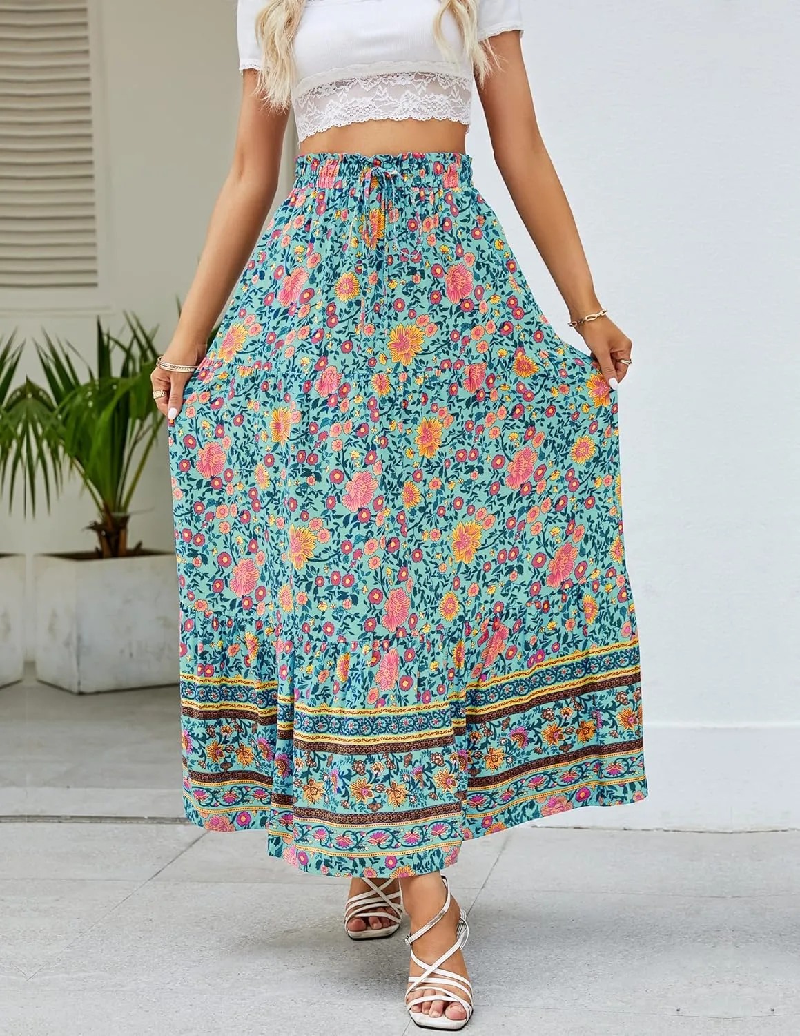 ZESICA Women's 2025 Summer Bohemian Floral Printed Elastic Waist A Line Maxi Skirt with Pockets