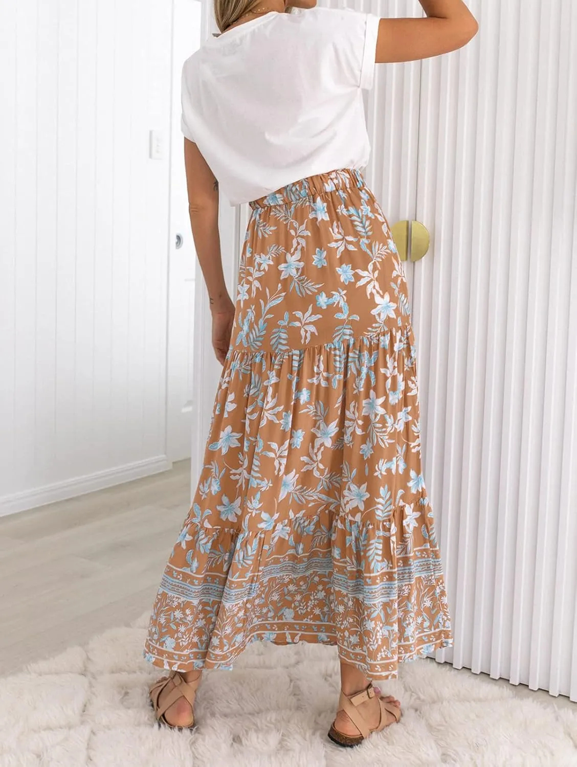 ZESICA Women's 2025 Summer Bohemian Floral Printed Elastic Waist A Line Maxi Skirt with Pockets