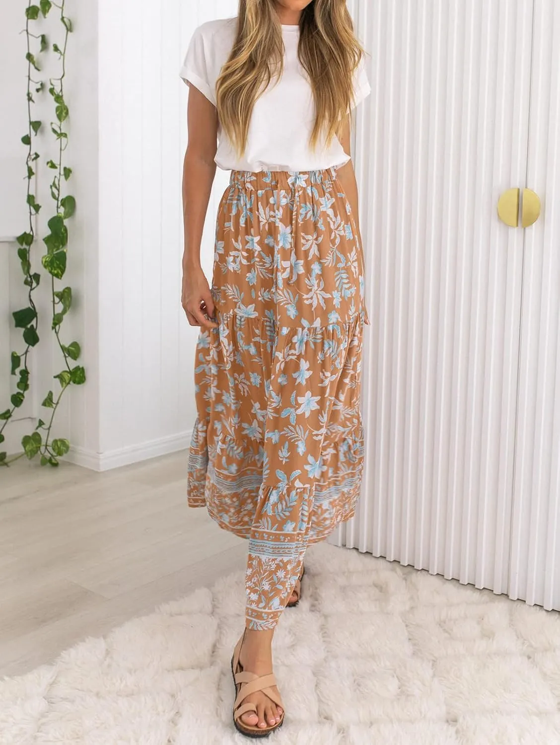 ZESICA Women's 2025 Summer Bohemian Floral Printed Elastic Waist A Line Maxi Skirt with Pockets