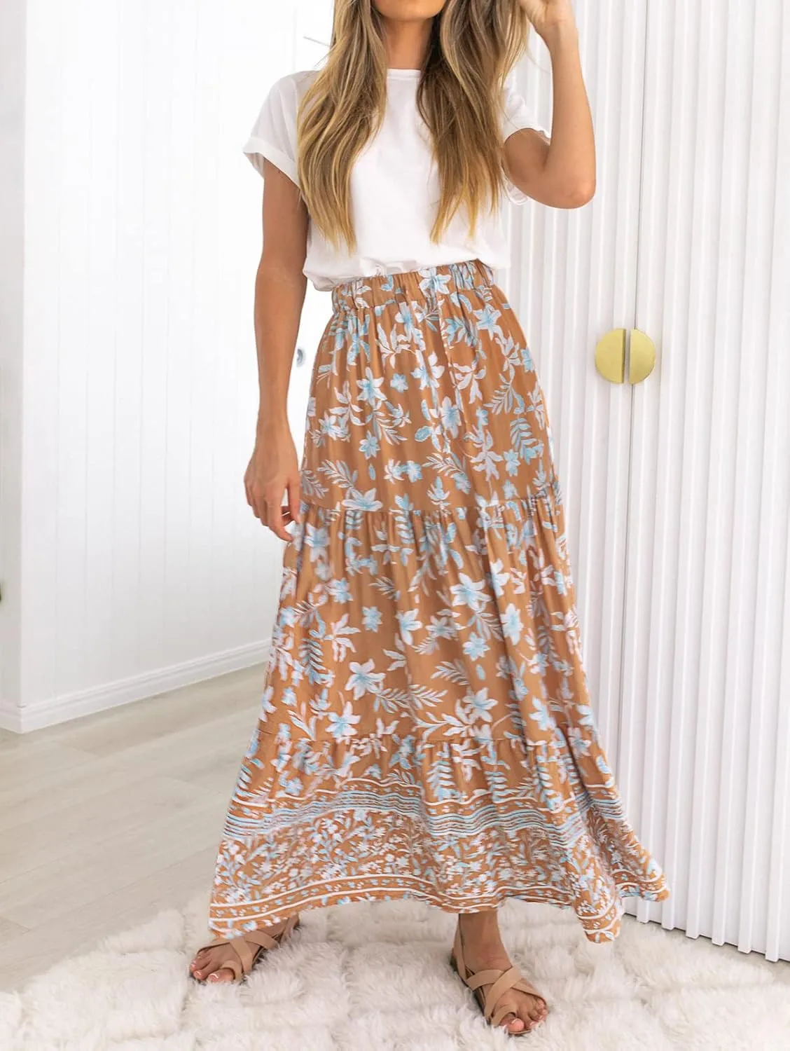 ZESICA Women's 2025 Summer Bohemian Floral Printed Elastic Waist A Line Maxi Skirt with Pockets
