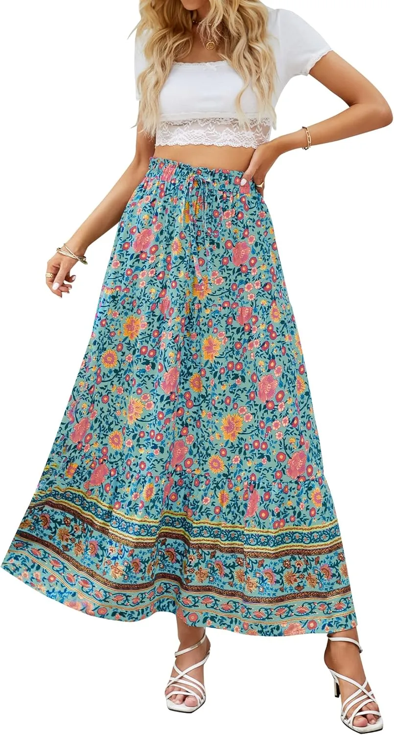 ZESICA Women's 2025 Summer Bohemian Floral Printed Elastic Waist A Line Maxi Skirt with Pockets