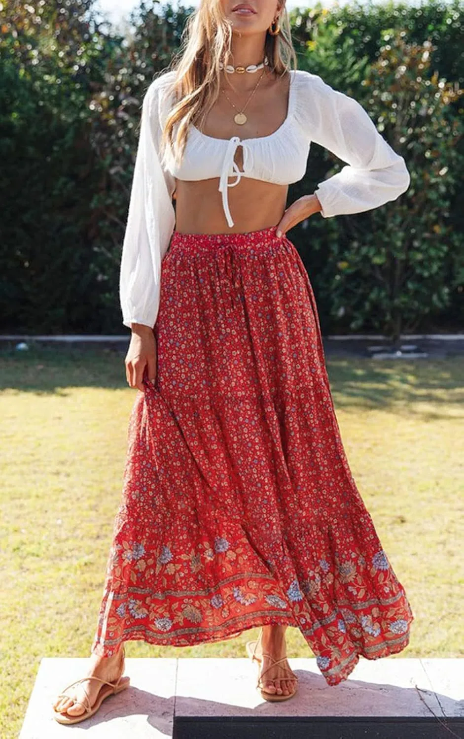 ZESICA Women's 2025 Summer Bohemian Floral Printed Elastic Waist A Line Maxi Skirt with Pockets